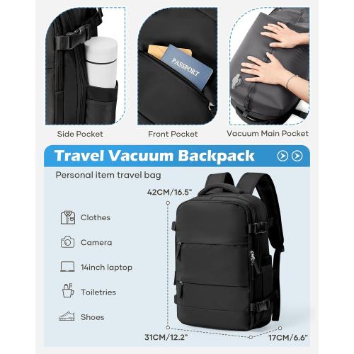 Black Vacuum Backpack Travel Laptop Backpacks For Women Men Carry On Backpack With Vacuum Compression Bags Seal Packing Personal Item Travel Bag Vacpack Backpacks Without Pump