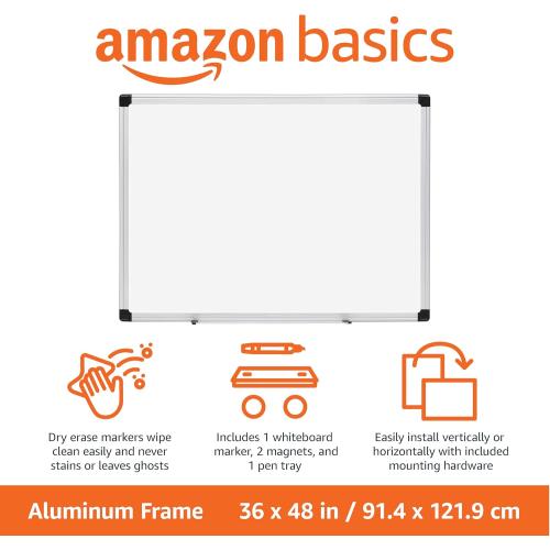 Amazon Basics Magnetic Dry Erase Whiteboard, 36 x 48-inch, Aluminum Frame, Silver/White, Easy to Install