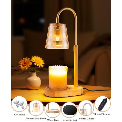 Adjustable Candle Warmer Lamp with Timer - Electric Light Wax Warming Dimmable Flameless Top Melter Heater Melting Heating Height Small Jar Candles Gifts Women Mom Birthday Home Desk Modern Decor