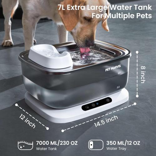 PET Marvel Wireless Quiet Pet Water Fountain, 7L/1.8Gal/230oz Large Water Reserve for Dogs & Cats, Stainless Steel Drinking Bowl, Battery or Plug-in Use, Designed for Short Trips & Backup Use, F2 V2