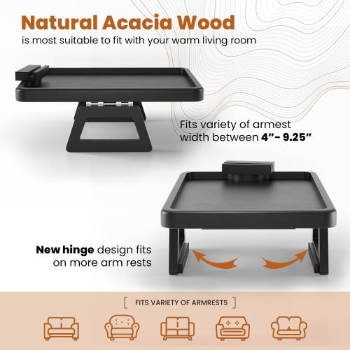Acacia Wood Sofa Armrest Tray - Large Sofa Arm Tray Clip - Couch Arm Table for Wide Couches - Wooden Side Tables for Small Spaces for Eating and Drink (Black, Large)