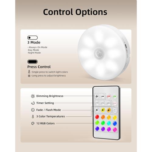 6 Pack White EZVALO 6-Pack Under Cabinet Lighting, Rechargeable Motion Sensor Puck Lights with Remote, 3 Color Temps &12 RGB Colors, Magnetic Stick on Light, Dimmable Under Counter Lights for Kitchen, Shelf, Stair
