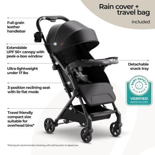 Mompush Lithe V2 Lightweight Travel Stroller, Compact Foldable Baby Stroller with Travel Bag, One-Hand Fold Stroller, Snack Tray, Mechanical Recline Seat, Airplane-Ready, UPF 50  Canopy & Rain Cover