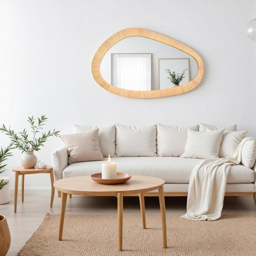 Rattan Mirror for Wall,30.5'' x 19.5 Wooden Framed Farmhouse Boho Wicker Coastal Irregular Vanity Mirror for Bathroom Living Room Entryway