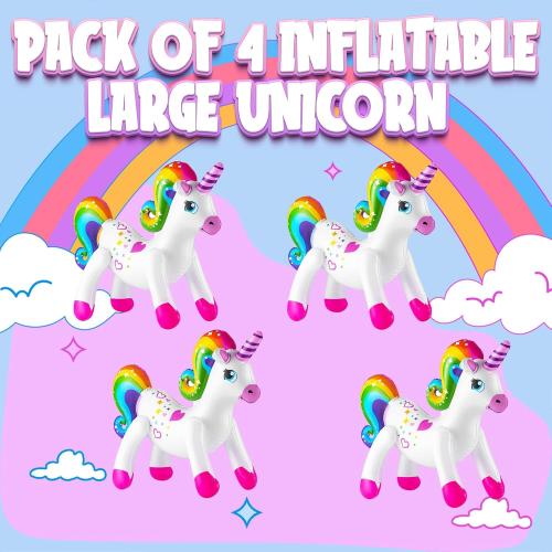 Inflatable Unicorn Party Decorations - (Pack of 4) 24 Inch - Large Blow Up Rainbow Unicorns for Unicorn Birthday Decorations, Party Decor, Balloons, Pool Fun, and Party Favors Supplies