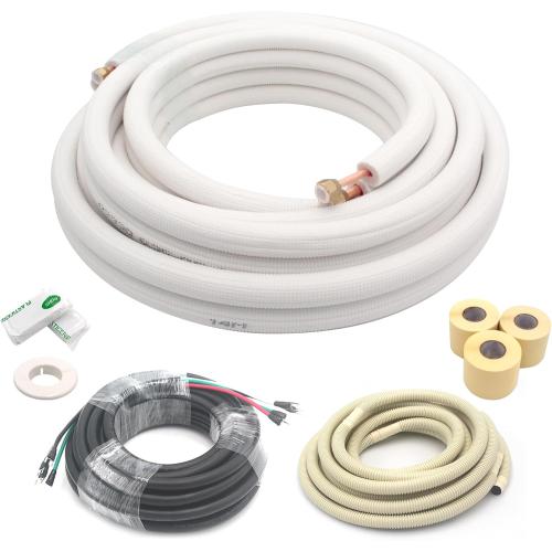 TAUROX 25FT Mini Split Line Set 1/4 & 3/8 O.D Copper Pipes Tubing and 3/8 White Thickened PE Insulation Coil, for Mini Split Air Conditioning or Heating Pump Equipment and HVAC with Flared Nuts.