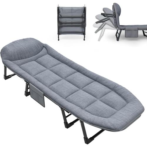 Color Grey Chaise Lounge Chair, Folding Cot, 6-Angle Adjustable Camping Cot with Mattress for Patio and Beach, Foldable Bed Portable Heavy Duty Lay Flat Reclining with Pillow