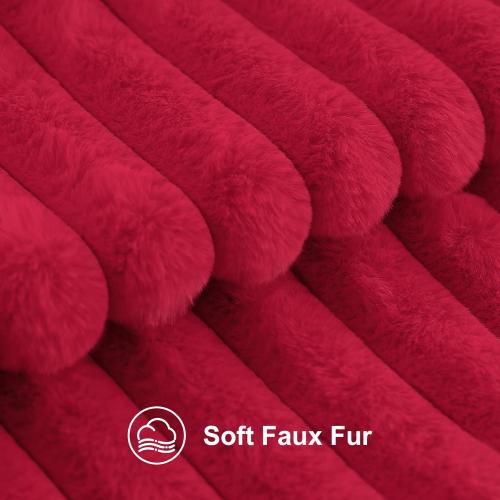 decorUhome Faux Fur Christmas Throw Pillow Covers 24x24 Set of 2, Decorative Soft Plush Striped Neutral Couch Euro Pillow Covers with Velvet Back for Sofa, Bed, Living Room Home Decor, Red