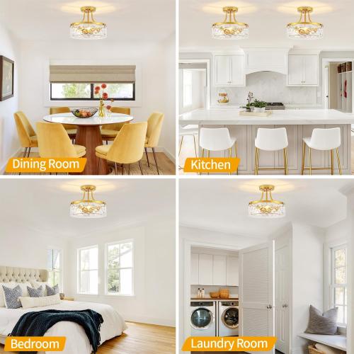 Brushed Gold Semi Flush Mount Ceiling Light Hammered Glass Light Fixture