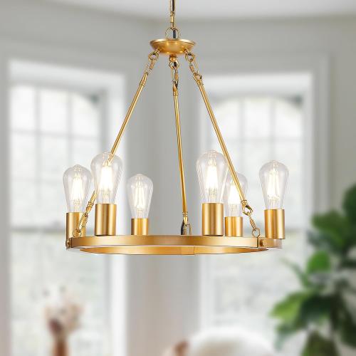 6 Lights 18.1 Gold Wagon Wheel Chandelier,