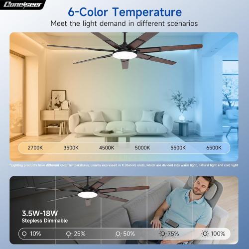 72 Inch Ceiling Fans with Lights and Remote, Living Room Office Library Cafe Industrial, Indoor/Outdoor Use, 5CCT Dimmable, Dual Color 7 Blades, 6 Speed Reversible Quiet DC Motor, Black/Wood Grain