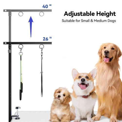 Foldable Dog Grooming Arm with Clamp: Adjustable Height 26-40, Dog Grooming Table Arm with Hammock and No-Sit Holder, Grooming Restraint for Small Medium Dogs at Home or Salon