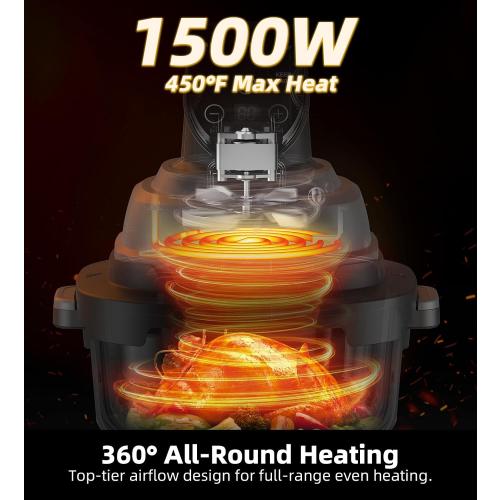 5-in-1 Portable Glass Air Fryer, 4QT & 6-Cup Glass Containers with Lids, Silicone Mat, 1500W Small Air Fryer, 90% Less Oil, Dishwasher/Freezer Safe for Single Servings, Family Meals