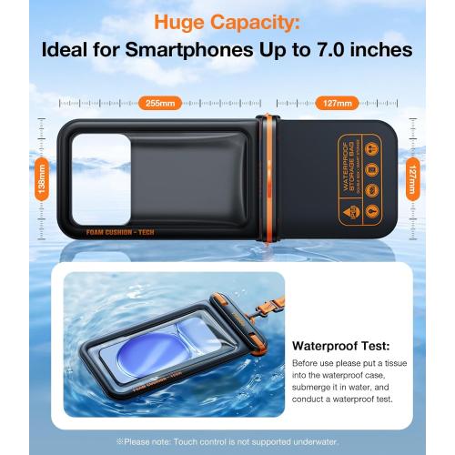 7 Black TORRAS IP68 Waterproof Phone Pouch Double Space, Floating Waterproof Phone Case with Lanyard for iPhone 16 Pro Max 15 14 13 S25 S24, Phone Dry Bag Vacation Cruise Ship Travel Essentials 7.0'', Black
