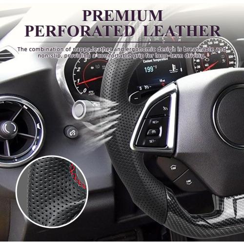 Steering Wheel for Camaro 2015-2024 Hydro Dip Carbon Fiber Steering Wheel with D-shaped Flat-bottom Perforated Leather Grip Hand-Stitched Compatible with Camaro