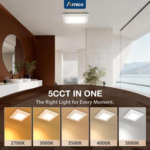 Amico Bathroom Exhaust Fan with Light, 110CFM, 1.0 Sones, 1000 LM, 5CCT, Ceiling Mount Shower Bathroom Fan, Adjustable Exhaust Vent with light, ETL & FCC Certified