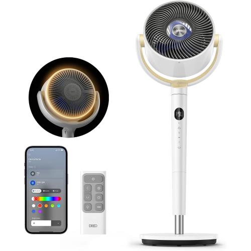 DREO Smart Fan for Bedroom, 120°  120° Omni-Directional Oscillating Fans, 100ft Quiet Pedestal Fan with RGB Light, 9 Speeds, 6 Modes, 20dB, 8H Timer, Wi-Fi/Voice/Alexa, 35-40 Floor Fans with Remote