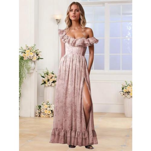 Size L...Floral Chiffon Long Bridesmaid Dresses for Women A Line Off Shoulder Formal Evening Gowns with Slit Ruffle Prom Dress