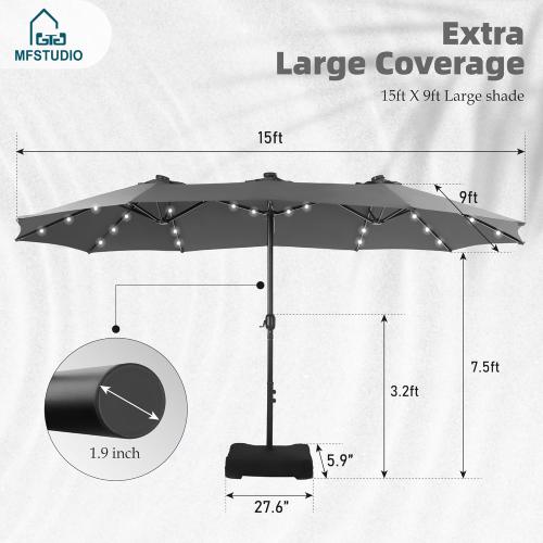 MFSTUDIO 15ft Double Sided Patio Umbrella with Solar Lights, Outdoor Large Umbrellas with Crank Handle and 36 LED Lights, Rectangular Market Umbrella with Base Included for Deck Pool Shade, Smoky Gray
