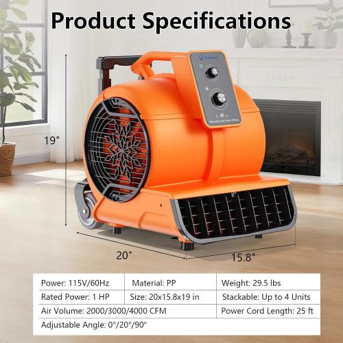 Air Mover 1 HP 4000 CFM Portable Blower Fan Carpet Dryer, Floor Dryer Fan | 3-Speed, 3 Adjustable Angles, Timer, Stackable, Air Mover Blower Fan for Janitorial, Home, Plumbing, Commercial, ETL Listed
