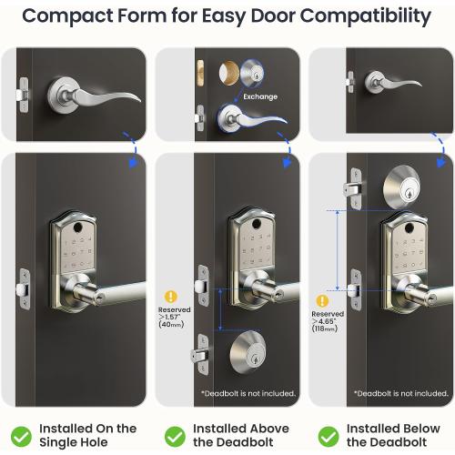 Veise VE019 Fingerprint Smart Lever Lock - APP Control, Keypad Door Lock with Handle, Keyless Entry for Front Door and Bedroom, Electronic Digital Knob, Remote Grant, IP55 Weatherproof, Satin Nickel