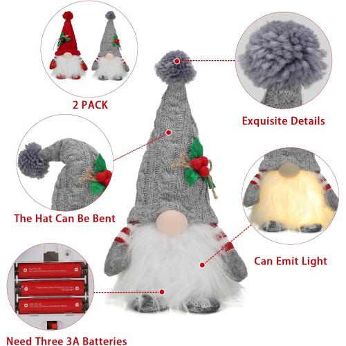 HORLIMER 2 Pcs 11.8 inches Lighted Christmas Gnomes Decorations, Light Up Swedish Santa Gnomes Plush for Christmas Xmas Decor