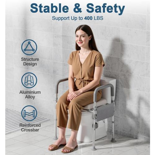 Raised Toilet Seat with Handles, 400 LBS Toilet Seat Risers for Seniors with Adjustable Height & Width, FSA HSA Eligible Handicap Elevated Toilet Riser Fit Any Toilet, Gray