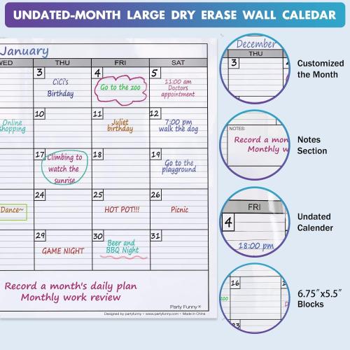 Dry Erase Monthly Extra Large White Board Calendar for Wall, 38 by 50, Jumbo Laminated Erasable One Month Whiteboard Calendar, Huge Oversized Blank 30-Day Poster with Lines and Squares