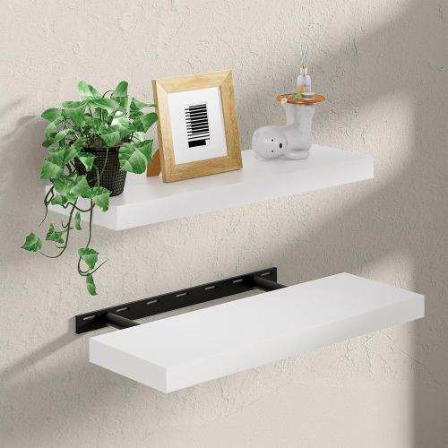 Heimlove Wooden Floating Shelves for Wall, White Pine Shelves Set of 2, 24 in Rustic Wood 8 Inch Deep Floating Shelf with Invisible Brackets for Bedroom Kitchen Living Room - Classic White