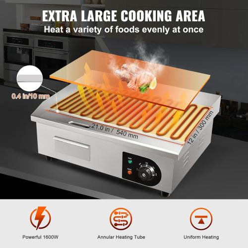 VEVOR Commercial Electric Griddle, 22, 1600W Countertop Flat Top Griddle, Stainless Steel Teppanyaki Grill w/Iron Cooking Plate, 122-572℉ Adjustable Temp Control 2 Shovels & Brushes, 110V