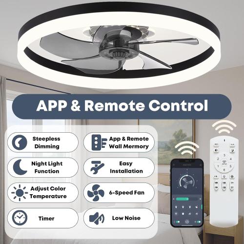 Fszdorj 23.6'' Ceiling Fan with Light, Upgraded Low Profile Fan, Flush Mount Ceiling Fan, 6 Speeds, Dimmable LED, App & Remote Control, Quiet DC Motor, for Bedroom, Living Room, F115 Black N