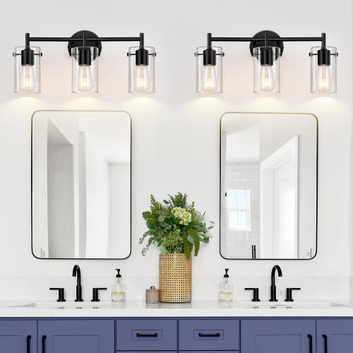 Bathroom Light Fixtures Upgrade, 3-Light Matte Black Vanity Light, Black Bathroom Lights Over Mirror with Clear Glass Shade, Wall Sconces for Mirror Bedroom Living Room Hallway