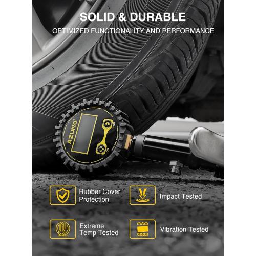 AZUNO Digital Tire Inflator with Pressure Gauge, 200 PSI, Heavy Duty Air Compressor Accessories, with Rubber Hose Lock on Air Chuck and Quick Connect Coupler, Comes with a Portable Carrying Box