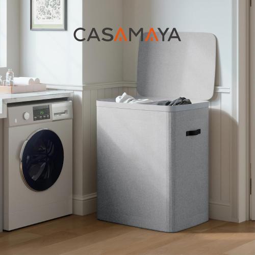 CASAMAYA Laundry Basket with Lid, Laundry Hamper 2 Section, 170L collapsible Laundry Organizer, Easy Assembly, with Handles and Removable Liners, 22 x 15.7 x 29.5 Inches, Gray JSP903G