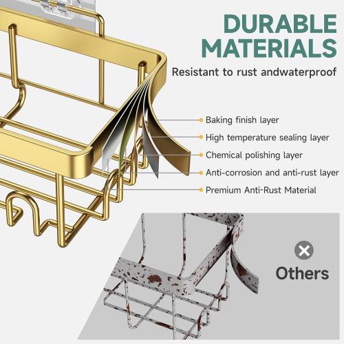 Veken Adhesive Shower Caddy 6-Pack,Gifts for Women Mom,Heavy Weight Bearing,Large Wall Mounted Bathroom Shelves Rack,Organizer Storage Accessories with Soap Dish&Toothbrush Holder,Bright Gold