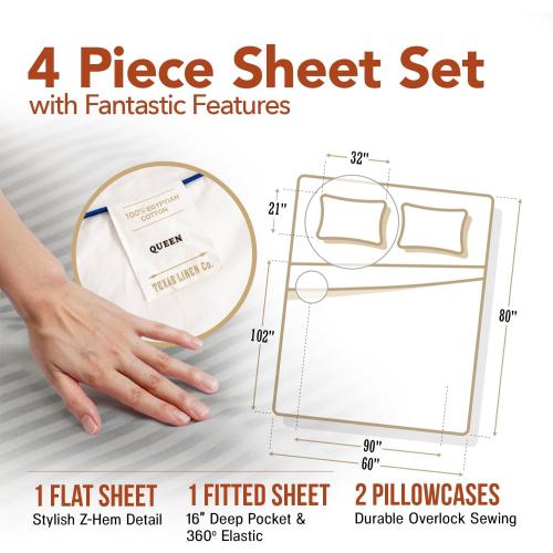 Hotel Style Egyptian Cotton Queen Size Sheet Set -Damask Stripe 4 PC  Fitted and Flat Sheets, Sateen Hotel Bedding - Silver Stripe