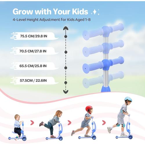 TONBUX Kids Scooter with Seat, 3 Wheels Scooter with PU Luminous Wheels, Non-Slip Handle and Wide Deck, Sensitive Brakes, 4-Level Adjustable Height, Scooters for Kids 2–8 Years