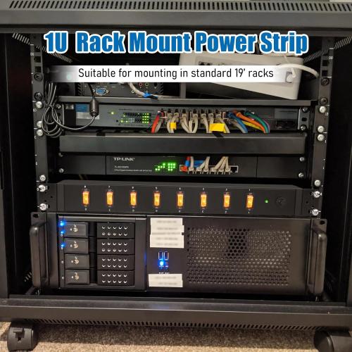 HHSOET 1U Rack Mount Surge Protection, 8 Outlet PDU Power Strip, Metal Mountable Outlet Strip with Switch,1200J, 6ft Power Cord.