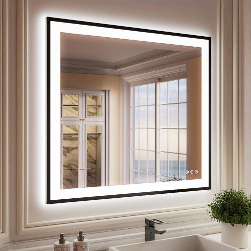 Size 40 x 36 ISKM Framed LED Mirror for Bathroom 40x36, Dimmable LED Bathroom Mirror with Lights, Anti-Fog, Front and Backlit Lighted Mirror 3-Colors, Shatterproof, Memory Function