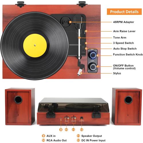 Vinyl Record Player with Dual External Speakers, 3 Speed Vintage Stereo Turntable for Vinyl Records, Bluetooth Input, Auto Stop & Belt Driven System, RCA Out and Aux in