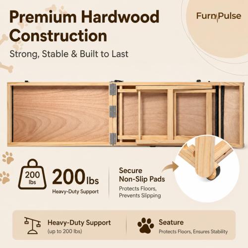 Extra Large Dog Ramp 63‘’L for High Bed, Couch & SUV – 200 Lb Heavy Duty Solid Wood Pet Ramp, 6 Adjustable Height – Portable Stable Non-Slip Steps for Medium to XL Dogs