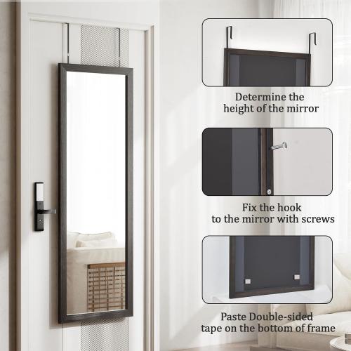 Over Door Mirror Wooden Frame, Full Length Hanging Mirror with Durable and Space-Saving Design for Bedroom, Bathroom, or Closet, Adjustable Height Hooks, Grey