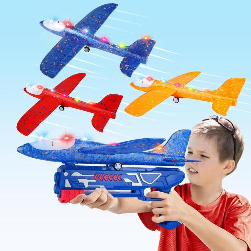3 Pack Airplane Launcher Toy, 12.6 Foam Glider Led Plane, 2 Flight Mode Catapult Plane for Kids Outdoor Sport Flying Toys Gifts for 3 4 5 6 7 8 9 10 12 Year Old Boys Girls
