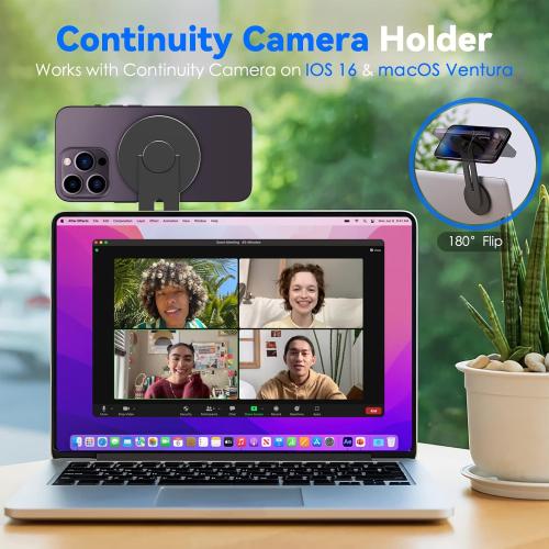 CloudValley Magnetic Laptop Phone Holder, Adjustable Continuity Camera Mount Compatible with MagSafe & for iOS 16 / macOS 13 Ventura, Slim Portable Computer Expansion Bracket for Smartphone, Black
