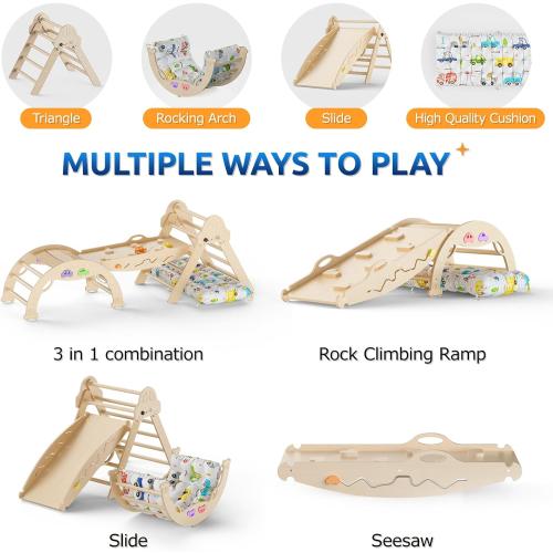 Pikler Triangle Set with Cushion 9 in 1 Foldable Montessori Climbing Toys for Toddlers 1-3 Indoor Wooden Kids Playground Baby Climbing with Maze Toys, Shape Sorter Toys, Car