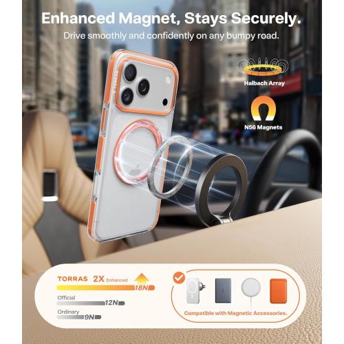 TORRAS 360 Magnetic Stand for iPhone 17 Pro Max Case, [Fit for MagSafe] [4X Military-Grade Protection] Slim Case for iPhone 17 Pro Max 6.9 2025, Clear-Orange, Ostand O3 Fitness Series