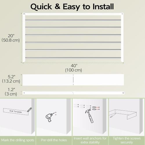 Wall Mounted Clothes Drying Rack 40 inches, Foldable Wall Mount Laundry Rack Folding Indoor, Drying Rack Clothing Collapsible, Hidden Space Saver with Wall Template, 6 Rods, White