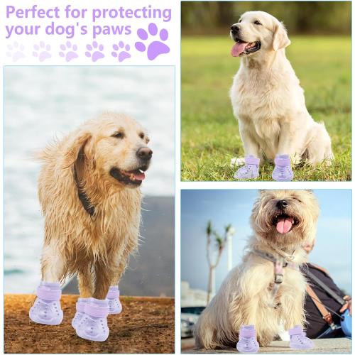 Dog Shoes, Dog Sandals for Hot Pavement, Non-Slip Waterproof Dog Booties for Winter Snowy Day and Summer, Adjustable Straps Easy-Clean Beach Outdoor Pet Boots Rugged Sole-4Pcs Purple