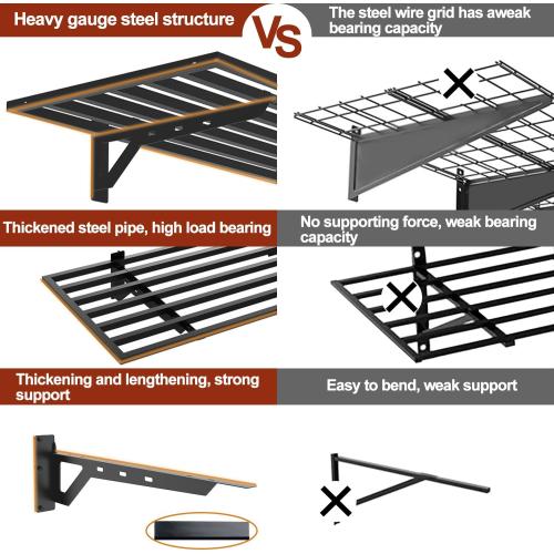 2 Pack Garage Wall Mounted Shelf System, 3.87'×1.64' Heavy Duty Steel storage Shelving with 6 Hooks, 2 shelves with stands 600lbs, Black