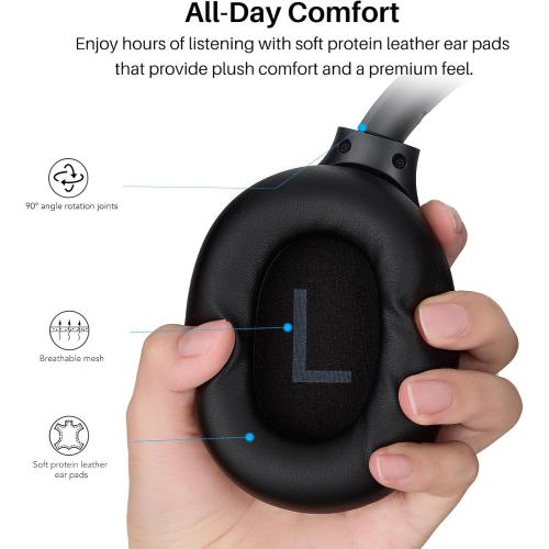 TOZO HT3 Hybrid Noise Cancelling Headphones, 90H Playtime Wireless Over Ear Bluetooth Headset, Spatial Audio AI Chat with 5 Mics, Supports Dual Connection and USB-C Input, with 32 EQ Music Modes